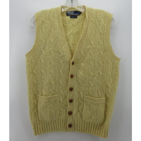 VINTAGE Ralph Lauren Polo Sweater Medium Wool Vest Cardigan 90s Cable - Picture 1 of 8